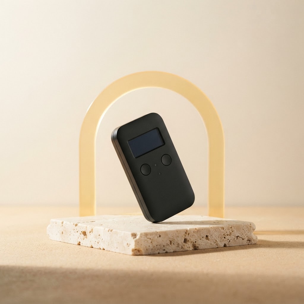 Matte-black hardware wallet displayed on a pale stone stand