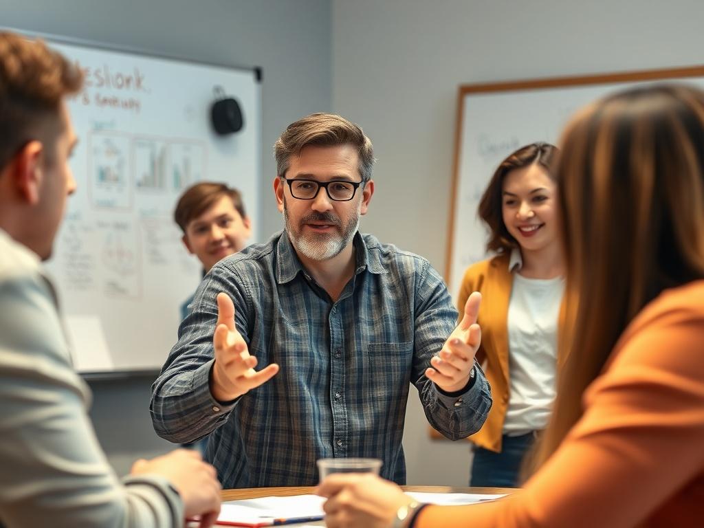 A dynamic scene of a workshop in progress, featuring a