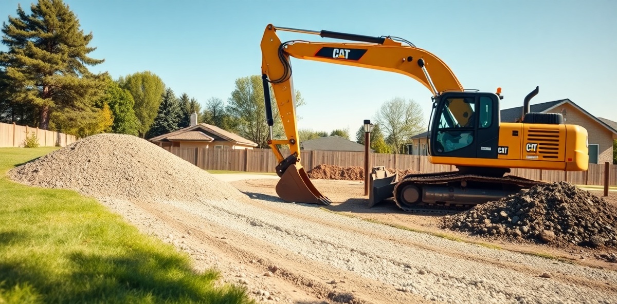 Yellow excavator working on gravel driveway