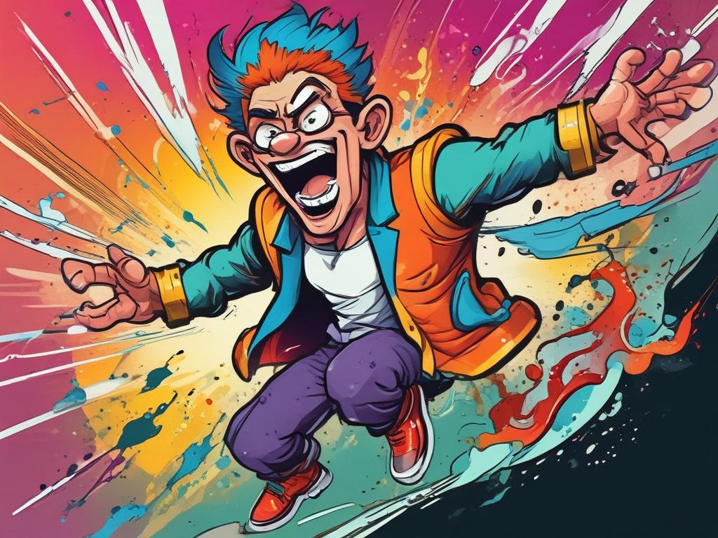 A vivid, dynamic comic-style illustration of a wildly funny character bursting with crazy energy and laughter. The character should be mid-action, with exaggerated expressions and vibrant colors dominated by rgb(2, 86, 197) blue. The background should be simple but lively, emphasizing the comedic madness theme with swirling patterns and wild shapes, capturing the essence of daily madness comedy videos in a single, visually striking image.