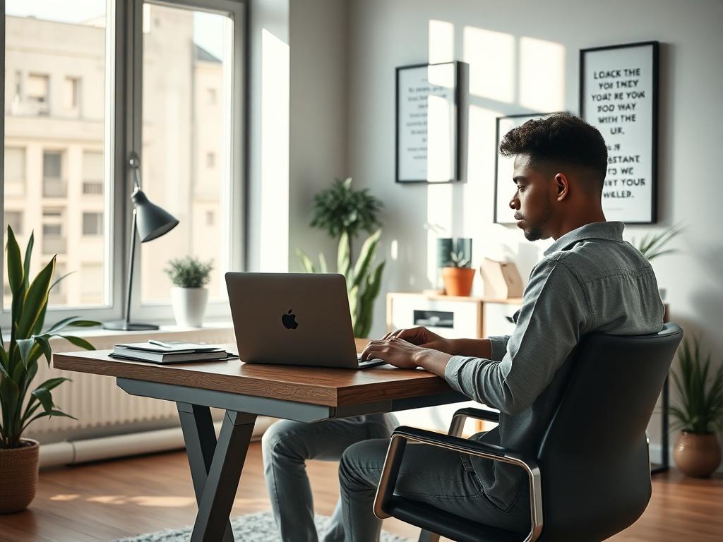 **Prompt for AI Image Generator:**

Create a realistic high-resolution photo featuring a single subject—a focused young adult sitting at a sleek wooden desk in a well-lit modern home office. The subject, a person of diverse background, should be engaged in watching a short training video on a laptop, with a look of determination and inspiration on their face. The room should have soft, natural lighting streaming through a large window, casting gentle shadows and highlighting the clutter-free desk. 

Include