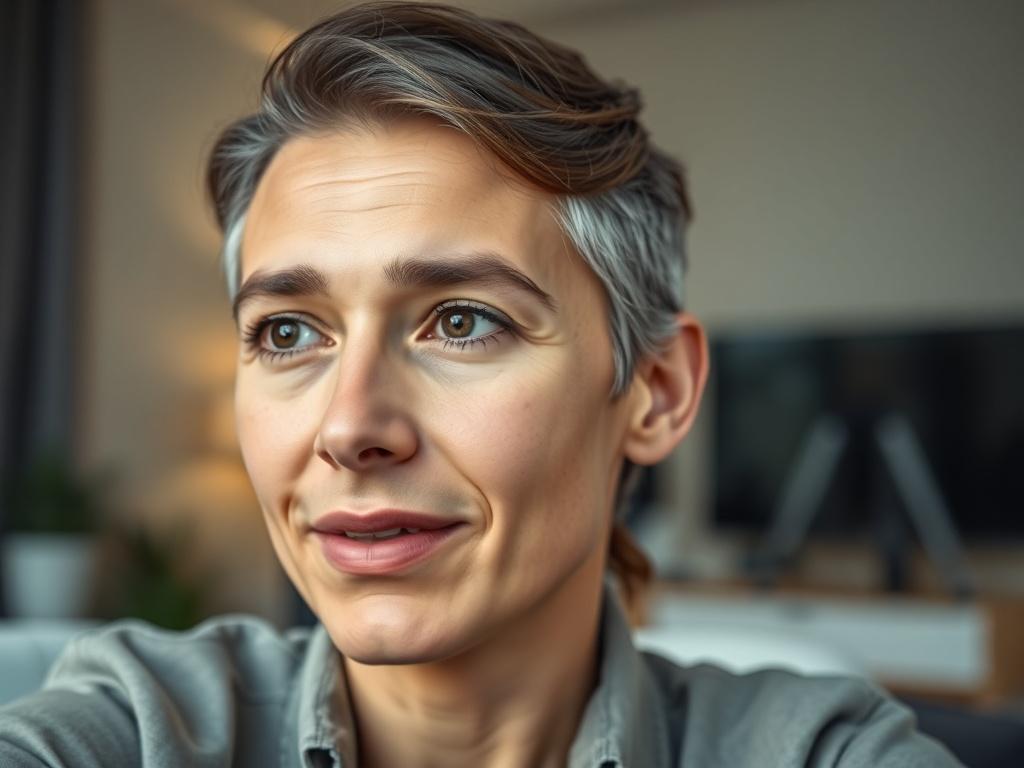 A hyper-realistic close-up of a person on a video call with a coach, displaying an engaged and focused expression. The background subtly showcases a professional yet inviting setting, emphasizing the importance of the coaching experience.