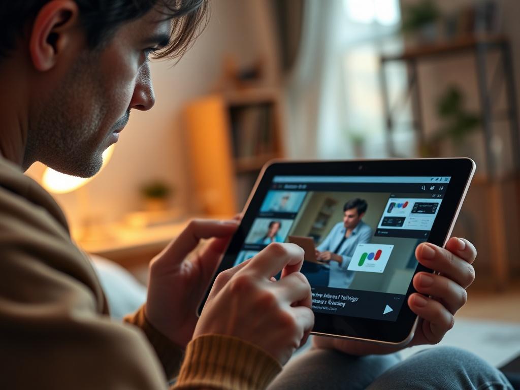 A hyper-realistic close-up of a person intently watching a training video on a tablet, with expressions of focus and determination. The background subtly highlights a cozy home office environment, creating a sense of motivation and learning.