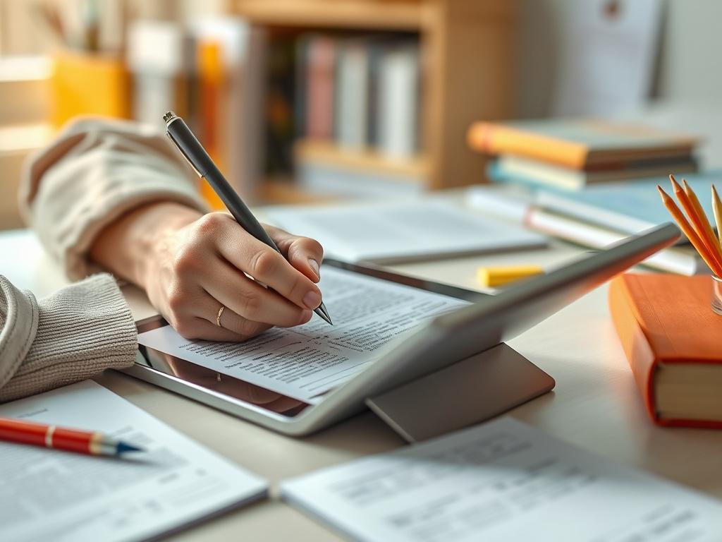 A hyper-realistic close-up shot of a person writing in a digital workbook on a tablet, surrounded by notes and study materials. The workspace is bright and organized, reflecting a productive learning atmosphere.