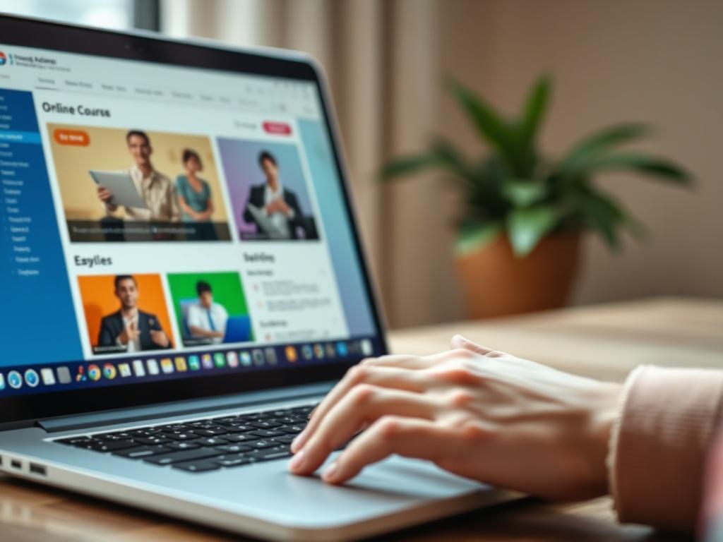 A hyper-realistic close-up shot of a person browsing an online course platform on a laptop, showcasing a colorful and user-friendly interface. The background is softly blurred, emphasizing the focus on the laptop screen and the user's engagement with the content.