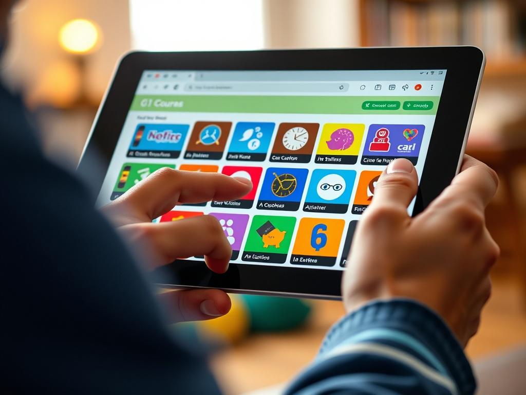 A close-up shot of a person browsing through a colorful and organized course catalog on a tablet. The screen showcases vibrant course categories with icons representing different subjects. The background should depict a warm, inspiring learning environment, emphasizing growth and discovery.