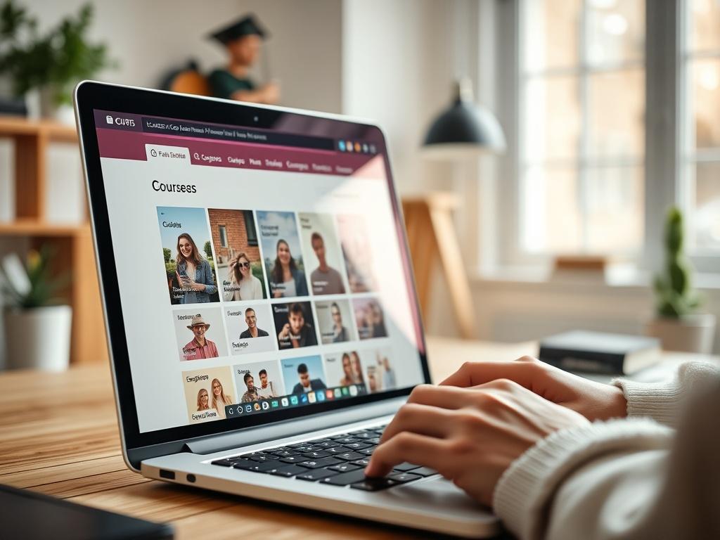 A close-up shot of a person interacting with a sleek, modern website interface on a laptop. The screen displays a well-organized course menu highlighting various categories. The environment is bright and inviting, with a soft-focus background of a cozy workspace. The image should capture a sense of engagement and ease of use.