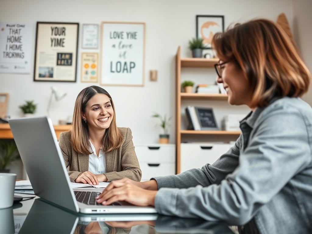 A close-up shot of a coach and client engaged in a video call on a laptop, showcasing a professional yet friendly atmosphere. The background should feature a well-organized home office with motivational decor, highlighting a productive coaching environment.