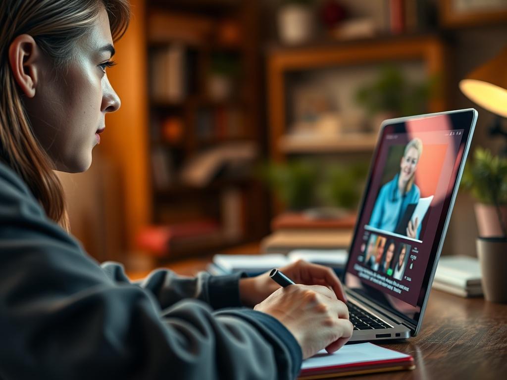 A close-up shot of a person watching an educational video on a laptop, focused and taking notes. The background should depict a cozy, well-lit home office setting with books and a notepad, emphasizing a warm, inviting learning environment.