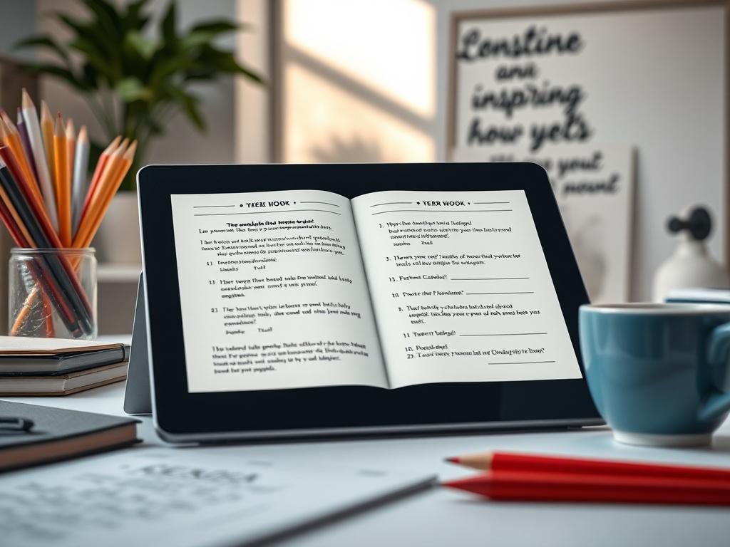 A close-up shot of a digital workbook displayed on a tablet, showing interactive exercises. The background should include a bright workspace with stationery, a cup of coffee, and a motivational quote on the wall, emphasizing a productive and inspiring atmosphere.