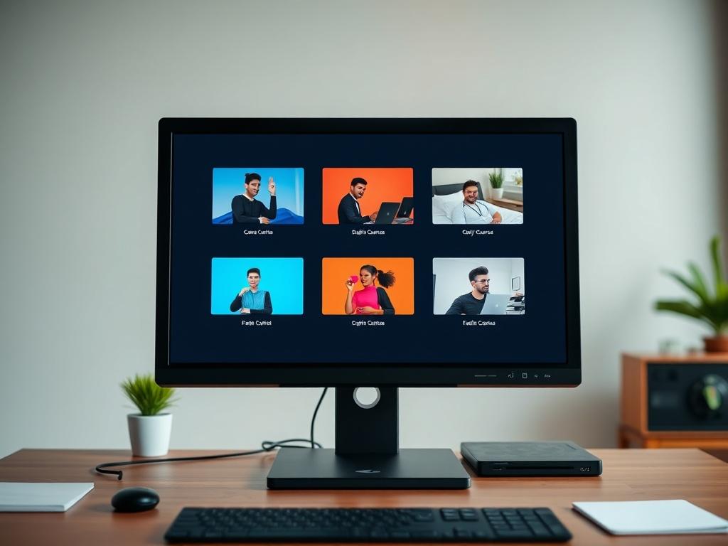 A close-up shot of a digital screen displaying eight small picture windows, each representing a different course in vibrant colors. The background is a simple, modern workspace with a focus on the screen, shot with a 45mm f/1.2 lens style, highlighting the clarity and organization of the course offerings.