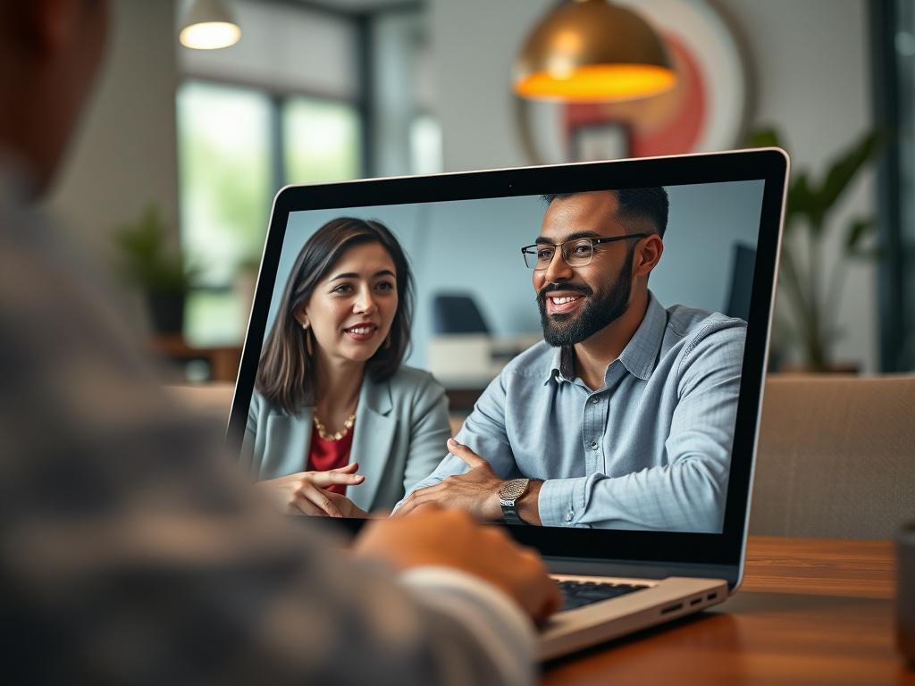 A close-up shot of a video call in progress between a coach and a learner on a laptop screen. The coach appears engaged and supportive, while the learner shows focus and determination. The background reflects a professional yet inviting atmosphere, shot with a 45mm f/1.2 lens style.