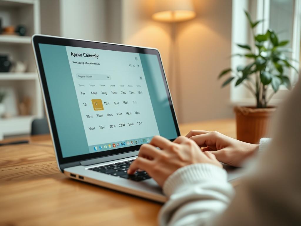 A close-up shot of a person using a laptop to book an appointment on Calendly. The screen displays the Calendly interface with available time slots highlighted. The background is a cozy home office setting, with soft lighting and a plant in the background. The focus is on the person's hands on the keyboard, emphasizing the action of scheduling an appointment.