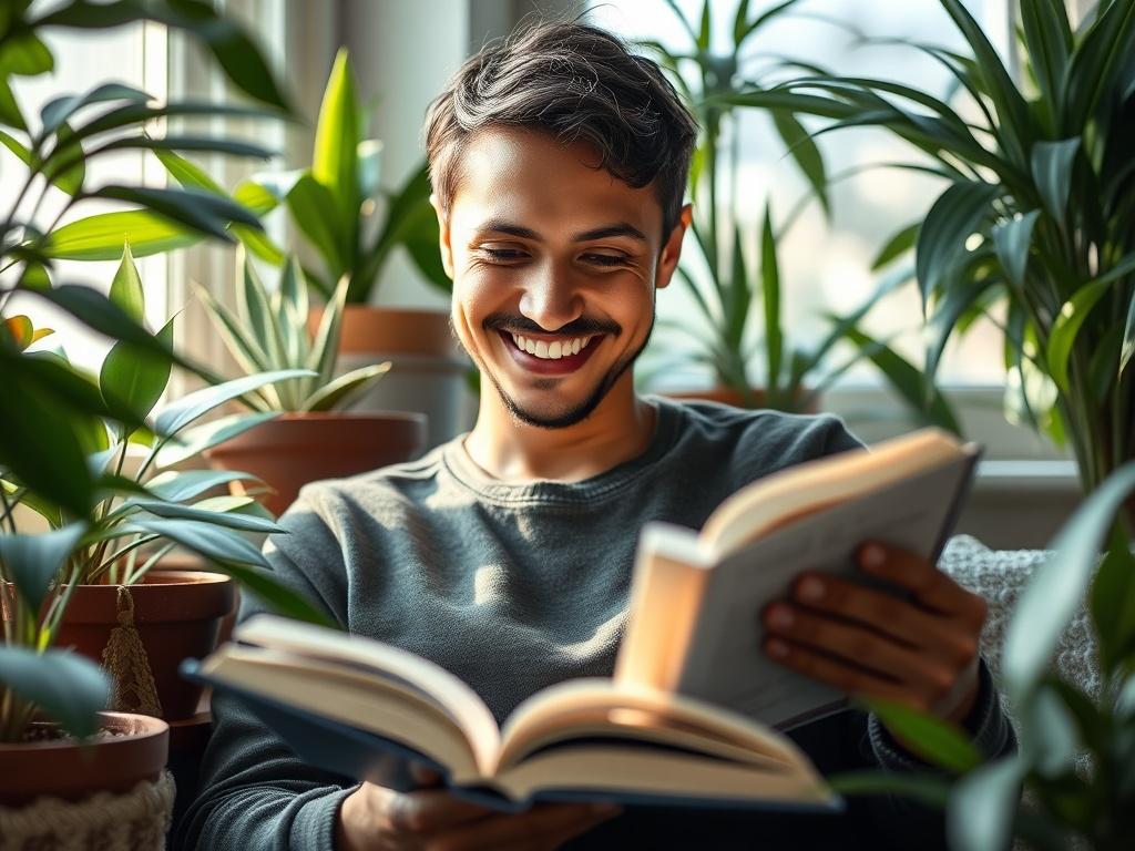 A high-resolution close-up shot of a person smiling while reading a personal development book, with the background softly blurred. They are seated in a cozy nook filled with plants, light streaming through a window, creating a warm and inviting atmosphere.