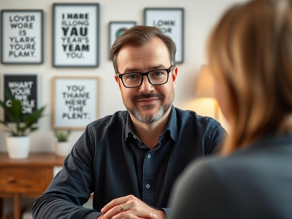An inviting image of a virtual coaching session in progress, showing Jack Craine engaged in a video call with a client. The setting should be a professional yet warm home office with a plant and motivational quotes in the background. The focus should be on Jack's attentive expression as he listens and communicates with the client.