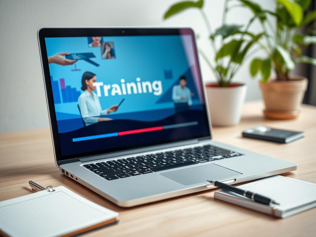 A close-up shot of a laptop screen displaying an engaging training video, with a notebook and pen beside it, indicating active learning. The setting should be a well-organized workspace with a plant in the background, creating a fresh and motivating environment. The focus should be on the laptop screen, with vibrant visuals from the video capturing attention.