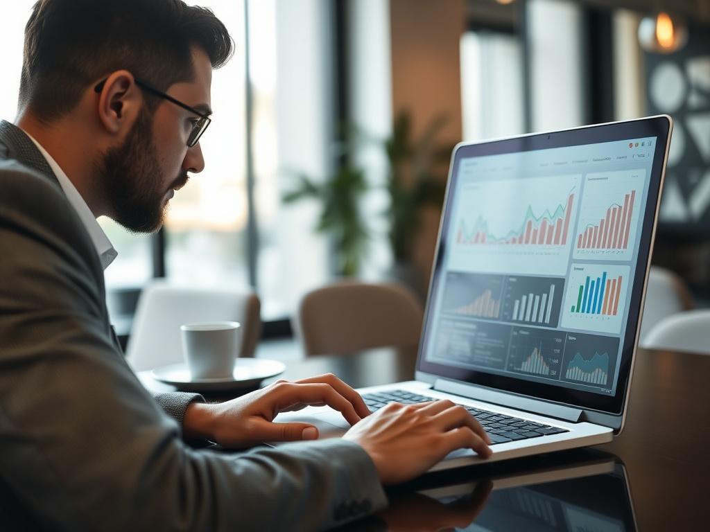 A high-resolution close-up shot of a business professional engaged in a virtual meeting, showcasing a laptop screen with graphs and charts. The background should be a stylish, modern office environment, conveying professionalism and focus.