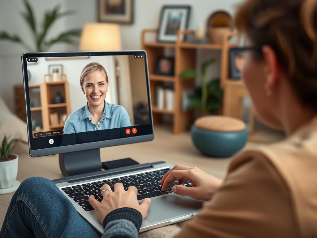 A close-up shot of a person engaged in a virtual coaching session on Zoom, with a laptop screen showing a smiling coach, highlighting interaction and support. The background features a cozy home office environment, enhancing the personal connection of the coaching experience.