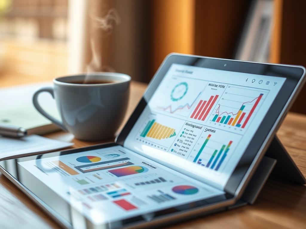 A close-up shot of an open digital workbook displayed on a tablet, with colorful graphs and notes visible, alongside a steaming cup of coffee, creating an inviting learning atmosphere. The background is softly blurred to keep the focus on the workbook.
