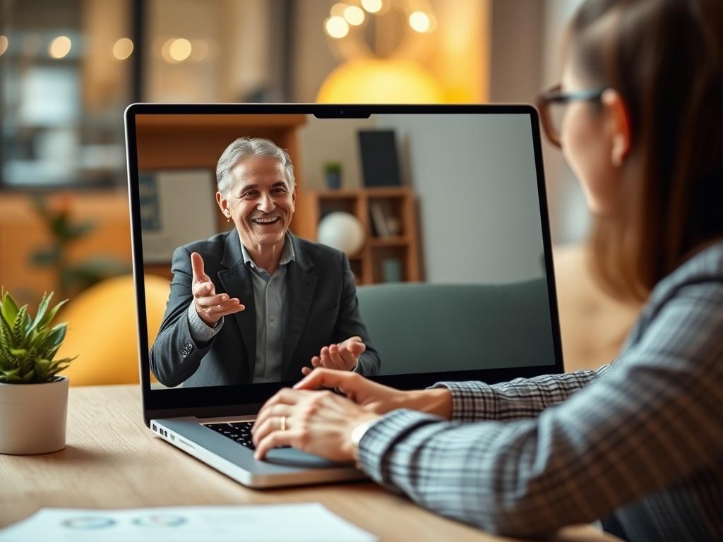 A close-up shot of a virtual coaching session taking place on a laptop screen, with a friendly coach engaging with a client. The background should be a professional setting, with a warm and inviting ambiance. The coach should be gesturing positively, illustrating an encouraging and supportive atmosphere.
