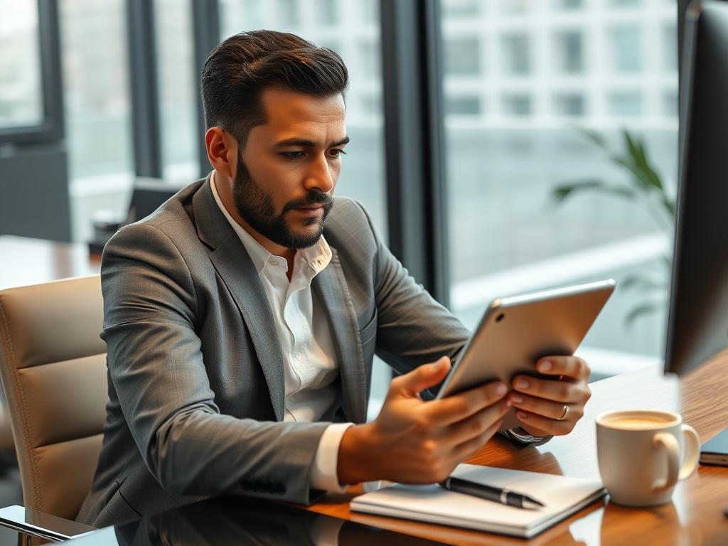 A close-up shot of a professional sitting at a desk, attentively watching a business skills training video on a tablet. The atmosphere is modern and sleek, with a few business-related items like a notebook and a coffee cup nearby. The person's expression should reflect concentration and determination, highlighting a commitment to professional growth.