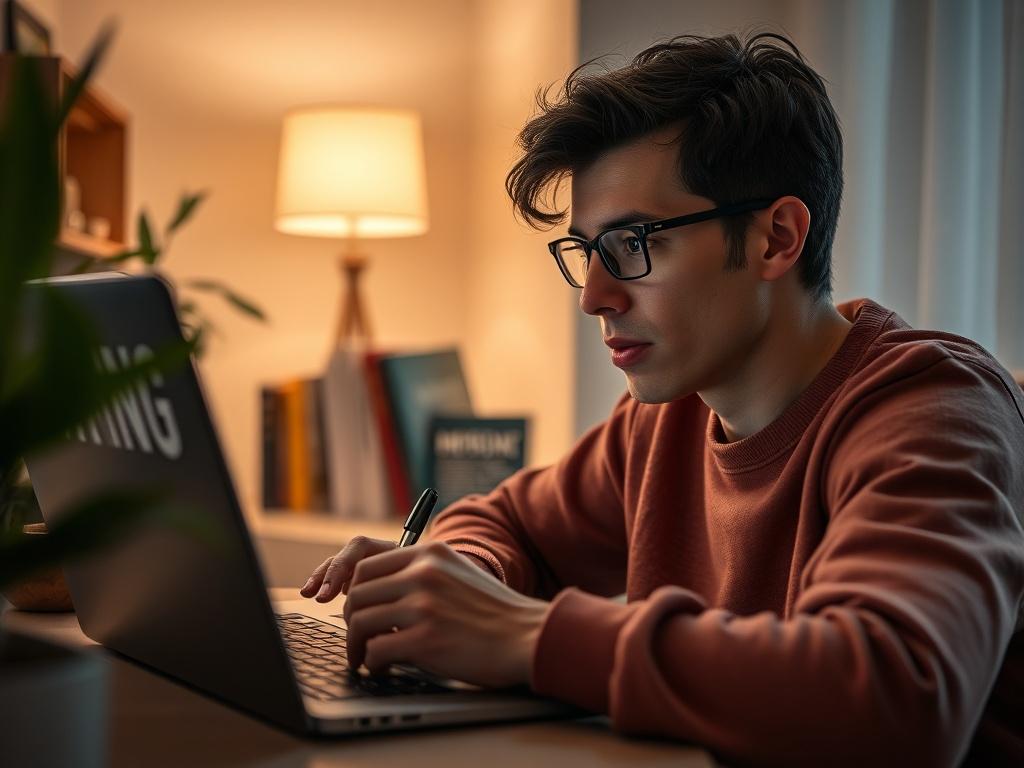A close-up shot of a person watching a training video on a laptop, with a focused expression, in a cozy home environment. The background is softly lit, conveying a sense of warmth and motivation. The person should be engaged and taking notes, surrounded by a few inspiring books and a plant, emphasizing a theme of personal development.