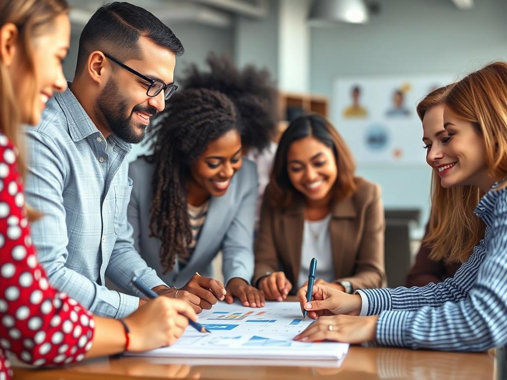 A high-resolution close-up shot of a diverse group of individuals collaborating on a career planning session, with notes and charts visible. The setting is bright and energetic, reflecting a collaborative and inspirational atmosphere.