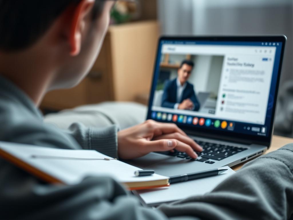 A close-up of a person watching an online training video on a laptop, with a notebook and pen nearby, ready to take notes. The environment is cozy and focused, showcasing an inviting workspace for learning.