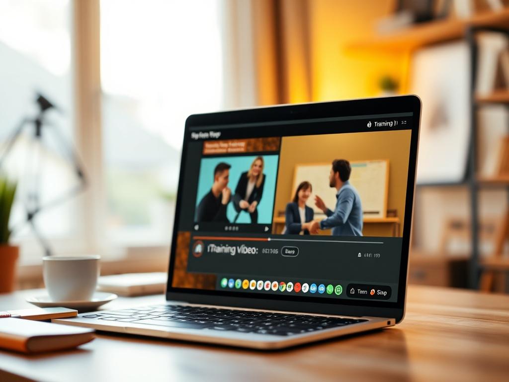 A high-resolution close-up shot of a laptop screen displaying an engaging training video. The background is softly blurred, showcasing a cozy home office environment with warm lighting. The focus is on the laptop, emphasizing the content of the video. The image should have a warm color palette that complements the primary color rgb(85, 141, 151).