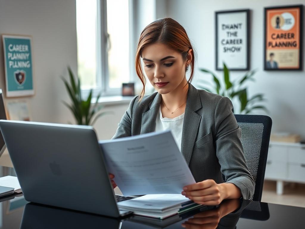 **Prompt for AI Image Generator:**

Create a realistic high-resolution photo that embodies the theme of "Understanding Career Planning." The main subject should be a focused, confident young professional seated at a modern desk. This individual, a woman of Caucasian descent in her late 20s, is thoughtfully reviewing a career planning workbook while utilizing a laptop. She has an expression of determination and clarity, indicating her engagement with the process.

The background should be a tidy, well-lit of