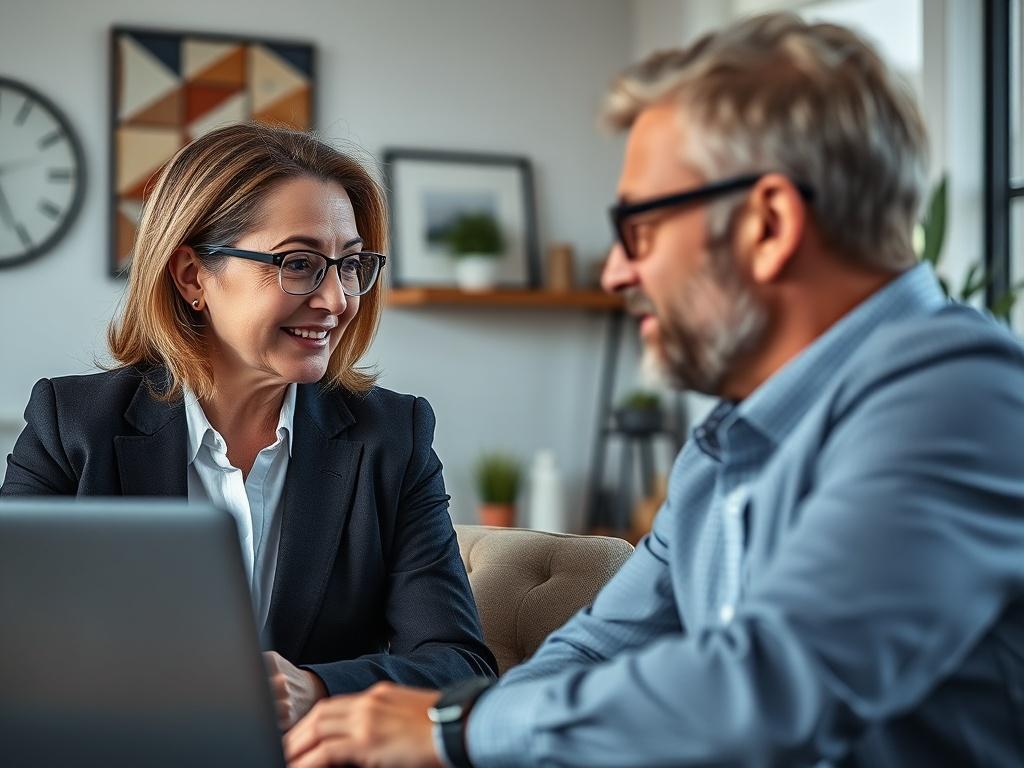 A close-up shot of a coach and a client engaged in a video coaching session via Zoom, both appearing focused and engaged. The background is professional yet inviting, with elements indicating a productive coaching environment. The coach is depicted as supportive and encouraging.