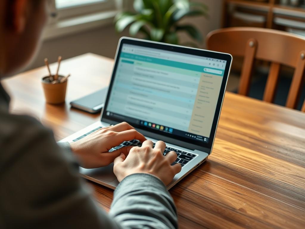 A focused individual sitting at a wooden desk, completing an online questionnaire on their laptop. The scene captures a close-up view of the person's hands typing on the keyboard, with the laptop screen showing a colorful questionnaire. The background is softly blurred to emphasize the subject, and warm, natural light illuminates the workspace, creating an inviting atmosphere.