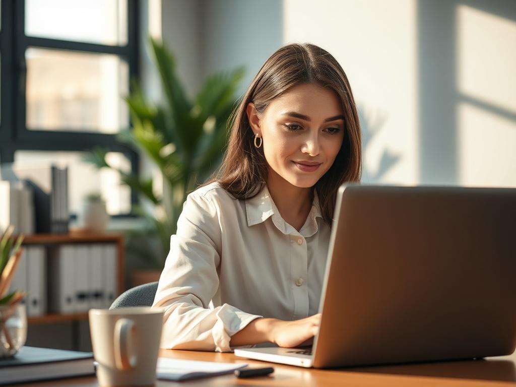 Create a realistic high-resolution photo that embodies the theme "Unlocking Your Potential with Short Training Videos." The composition should be simple and clear, featuring a single subject: a young professional woman in a modern office environment. She is engaged with a laptop, watching a short training video with a look of focus and determination on her face. The lighting should be bright and inviting, emphasizing a sense of motivation and growth.

The background should include elements of a contemporary