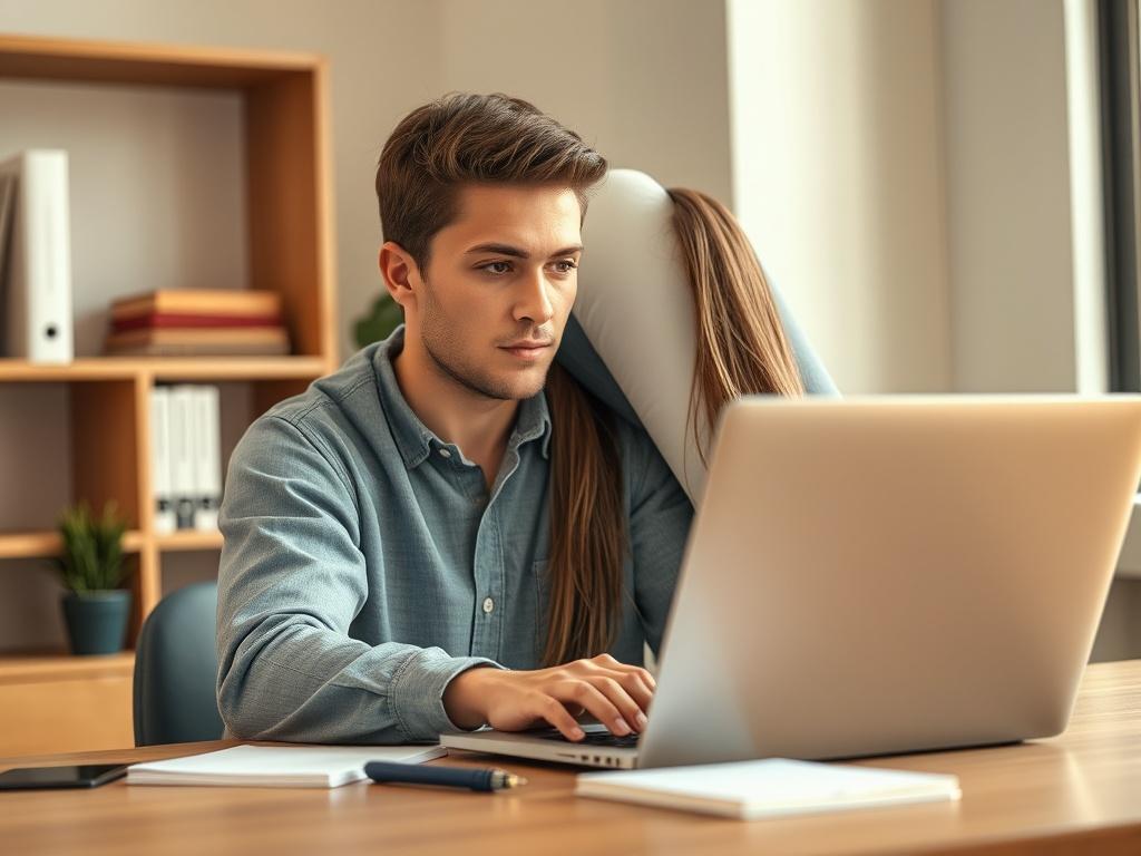 Create a realistic high-resolution photo that captures the essence of "Maximize Your Success with Short Training Videos." The image should feature a single subject: a focused young adult, ideally sitting at a modern desk, actively engaged in watching a training video on a sleek laptop. The subject should have an expression of concentration and inspiration; their gaze fixed on the screen, suggesting they are unlocking their potential through concise learning content.

Ensure the background is minimalist and 