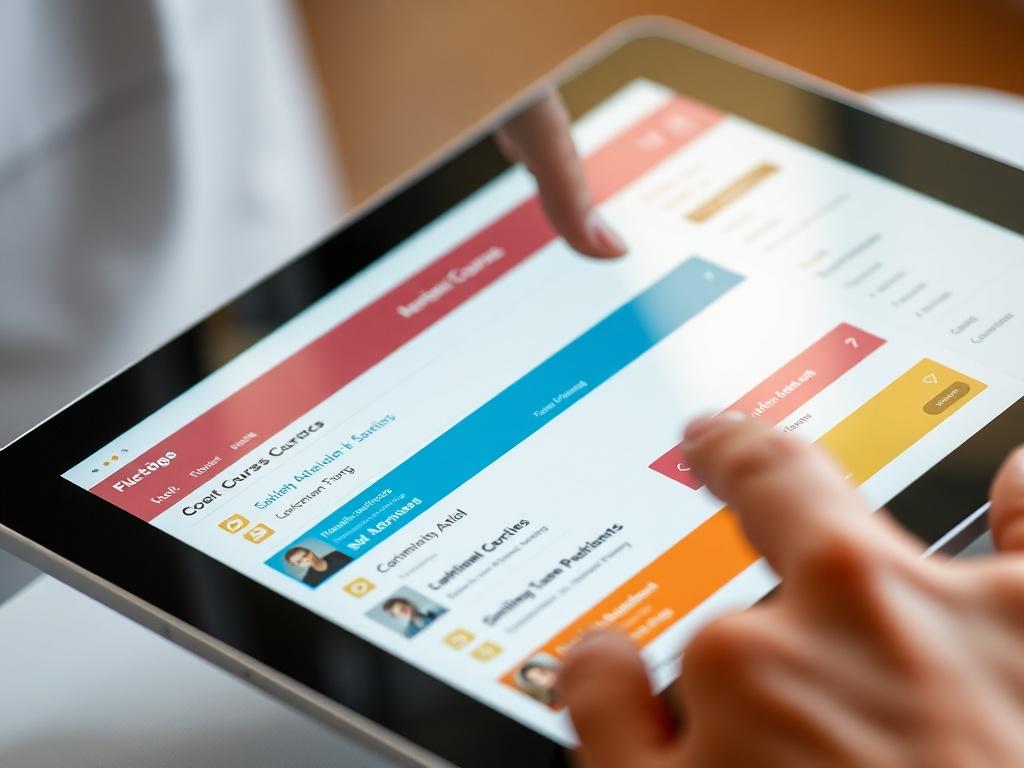 A close-up shot of a user-friendly digital interface on a tablet, showcasing a colorful and organized course menu, with a person's hand hovering over it, ready to select.