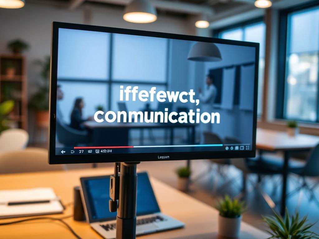 A close-up shot of a digital screen showcasing a video lesson on effective communication, with a bright and inviting workspace in the background, shot with a 45mm f/1.2 lens style.