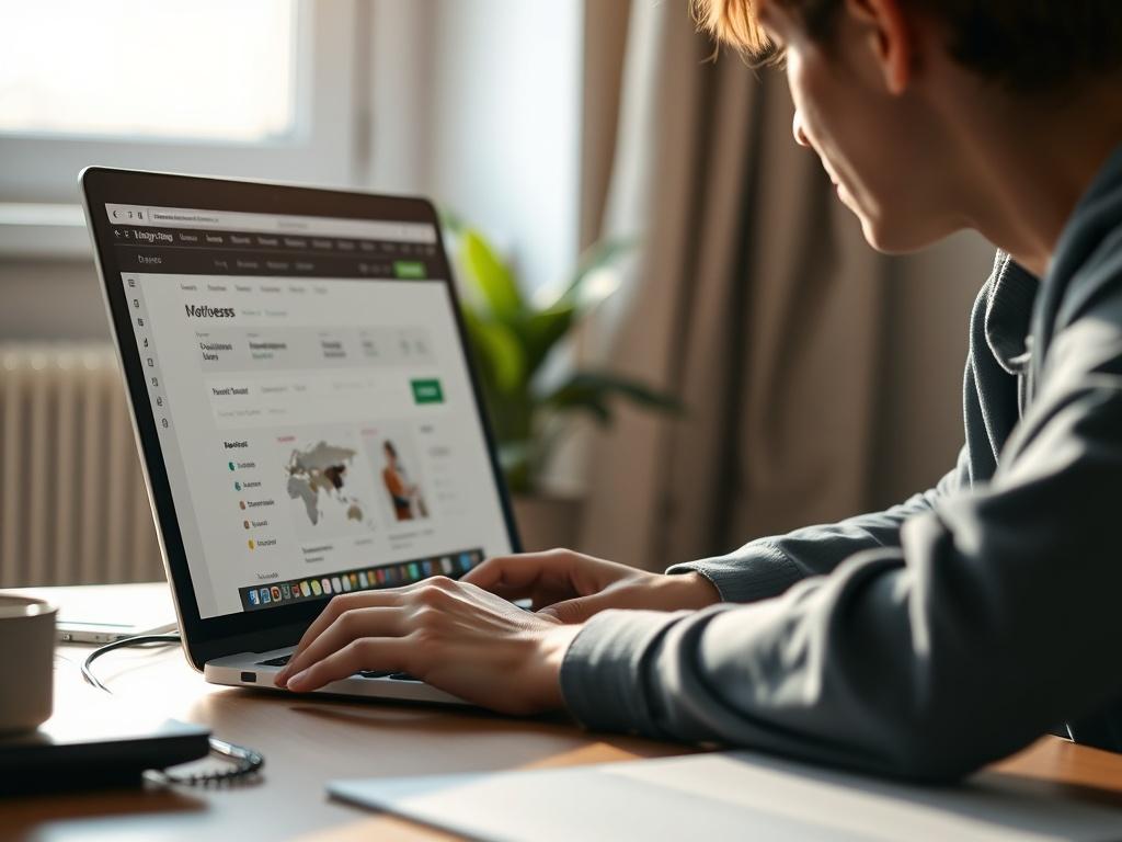 A close-up shot of a person sitting at a desk, focused on their laptop screen, which displays a careers database. The individual appears engaged and thoughtful, with fingers poised above the keyboard. The background is softly blurred to emphasize the laptop and the person. Natural light streams in from a nearby window, creating a warm and inviting atmosphere. The person is casually dressed, suggesting a comfortable work-from-home environment.