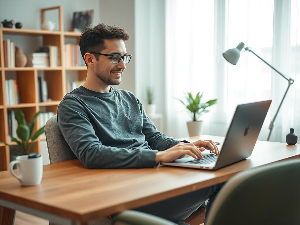 **AI Image Generation Prompt:**

Create a realistic high-resolution photo that encapsulates the theme of "Mastering Life Skills Through Video Learning." The composition should be simple and clear, featuring a single subject in focus. 

Subject Matter: A young adult, approximately 25-30 years old, sitting comfortably in a modern and inviting home office environment. The individual should be fully engaged in watching a short training video on a laptop placed on a stylish wooden desk. Their facial expression conveys curiosity and enthusiasm, emphasizing the excitement of learning life skills. 

Background: The office should be softly lit, creating a warm atmosphere. Include elements that suggest a productive learning space, such as a bookshelf filled with self-help books, a potted plant, and a coffee mug on the desk. The color scheme should harmonize with an inviting palette, using shades of soft blues and greens to evoke a feeling of tranquility and motivation.

Overall, the image should resonate with the concept of unlocking potential through short training videos, showcasing how video learning can enhance life skills in a relatable and inspiring setting. Avoid any text or abstract shapes; focus solely on the realism of the scene.