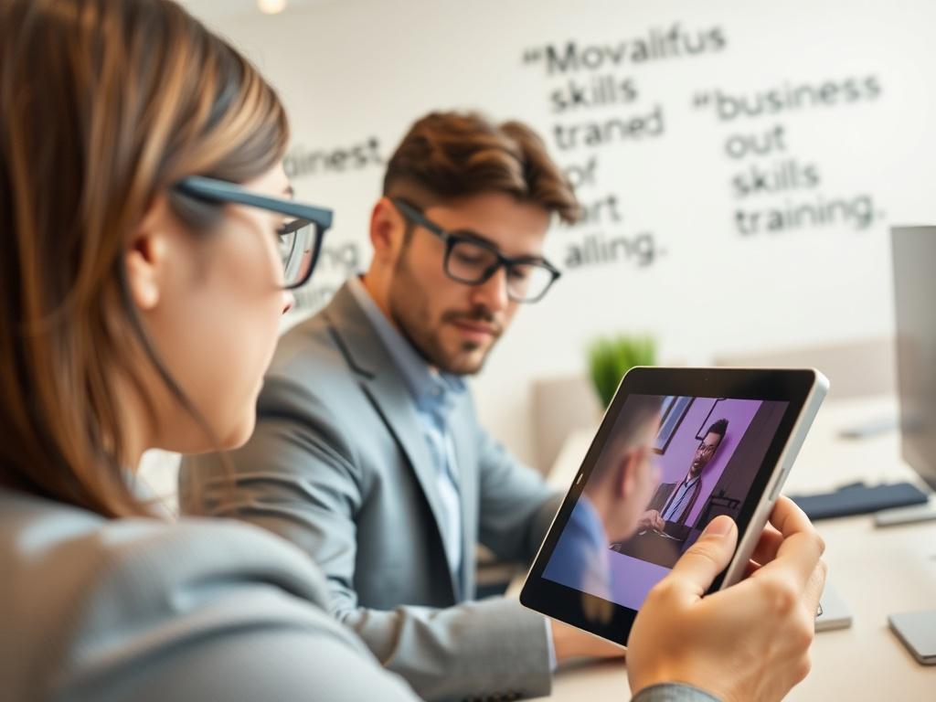 A close-up shot of a professional in an office environment, intently watching a business skills training video on a tablet. The setting is modern and sleek, with a clean desk and motivational quotes on the wall. The individual looks focused and inspired, dressed in business casual attire. The tablet screen displays a vibrant business skills training video interface, reflecting the essence of career development.