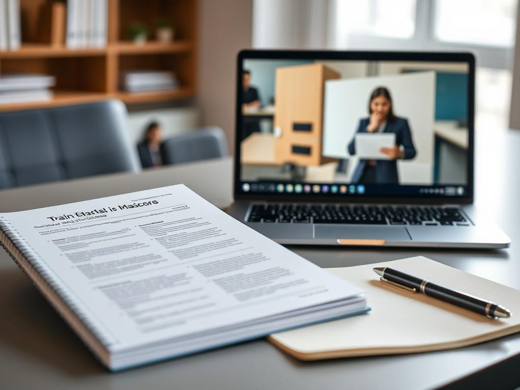A close-up shot of a digital workbook alongside a laptop displaying a training video, set on a sleek desk. The scene conveys a sense of organized learning, with a notepad and pen nearby.