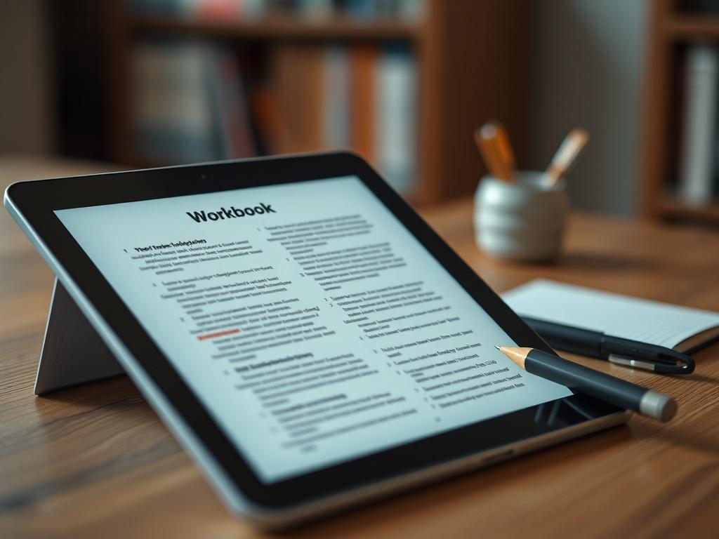 A close-up high-resolution shot of a digital workbook displayed on a tablet, with handwritten notes and a pen beside it. The background softly blurs, emphasizing the tablet, creating an inviting atmosphere for focused learning.