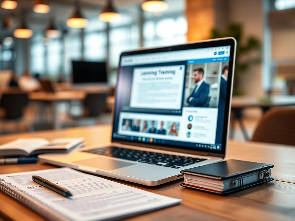 A high-resolution close-up shot of a modern workspace featuring a laptop open to a training video screen, with notepads and a digital workbook beside it. The background is blurred, focusing on the laptop, showcasing a vibrant learning atmosphere, with warm light illuminating the scene.