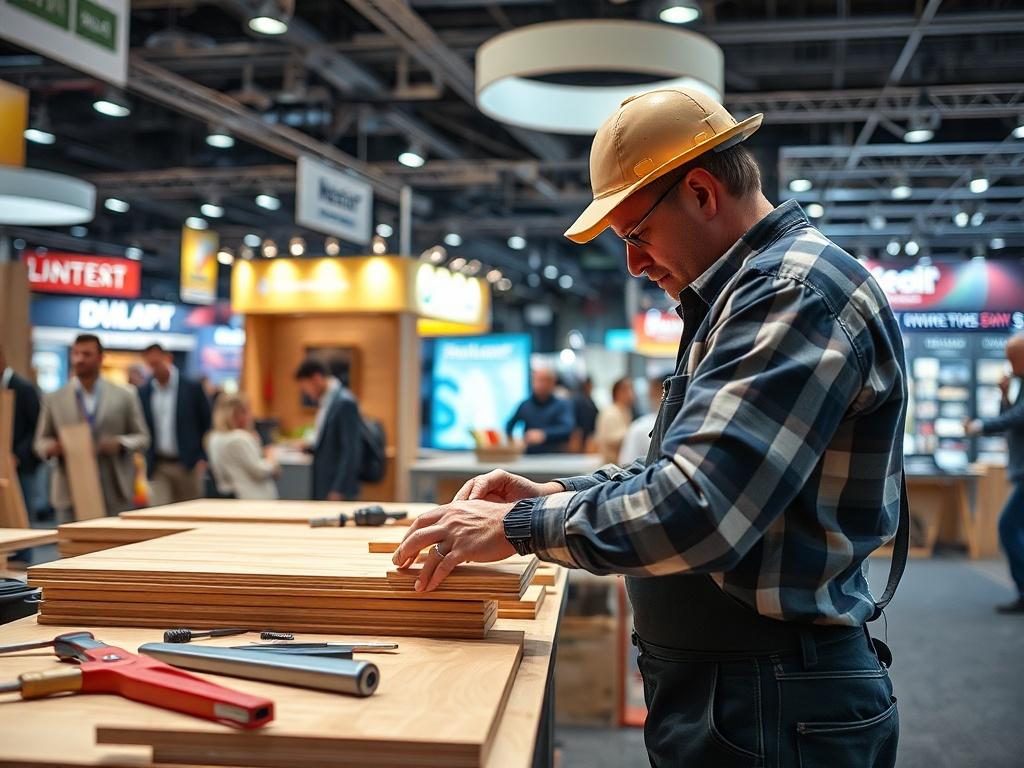 A skilled craftsman assembling an exhibition stand made of wood at a bustling trade show. The scene captures the craftsman in the foreground, focused on fitting wooden panels together, showcasing precision and expertise. Surrounding him are partially assembled wooden structures, tools neatly arranged, and vibrant exhibition displays in the background. The atmosphere is lively, reflecting the energy of the exhibition environment. The image is shot with a 45mm f/1.2 lens, emphasizing the craftsman’s hands and