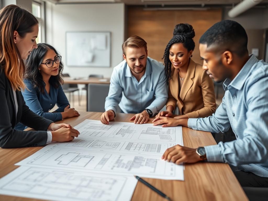 A professional setting with a diverse team discussing project plans