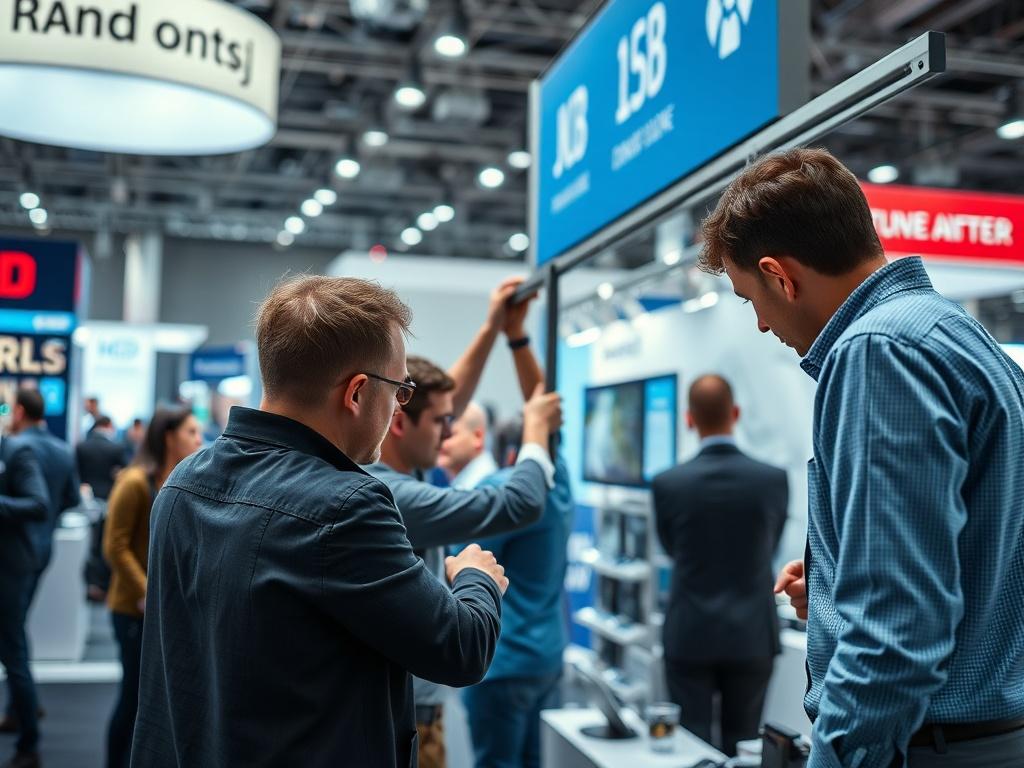 A team of professionals installing an exhibition stand at a