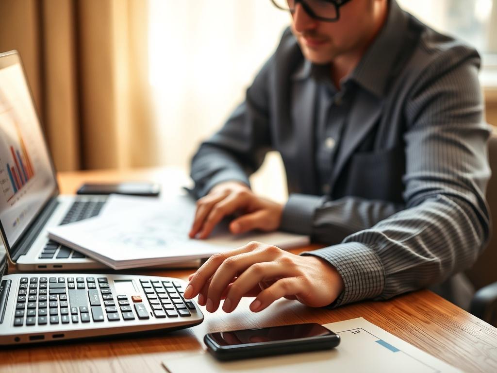 A close-up shot of a professional team member at a desk, focused on calculating a budget for an exhibition stand project. The scene includes a calculator, a notepad filled with notes, and a laptop displaying graphs and charts. The background is softly blurred, emphasizing the team member's concentration. The lighting is warm and inviting, creating a sense of professionalism and dedication.