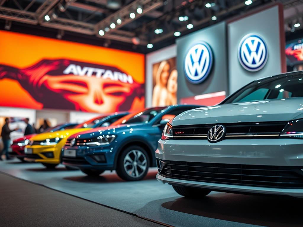 A hyper-realistic close-up shot of a dynamic display designed for Volkswagen (VW). The exhibition stand is lively and engaging, featuring interactive elements that attract visitors. VW cars are prominently displayed against a backdrop of vibrant graphics. The design incorporates high-quality materials, with an emphasis on sustainability. The lighting creates an inviting atmosphere, encouraging visitors to explore the vehicles. The image showcases the creativity and technical skill behind creating an impactf