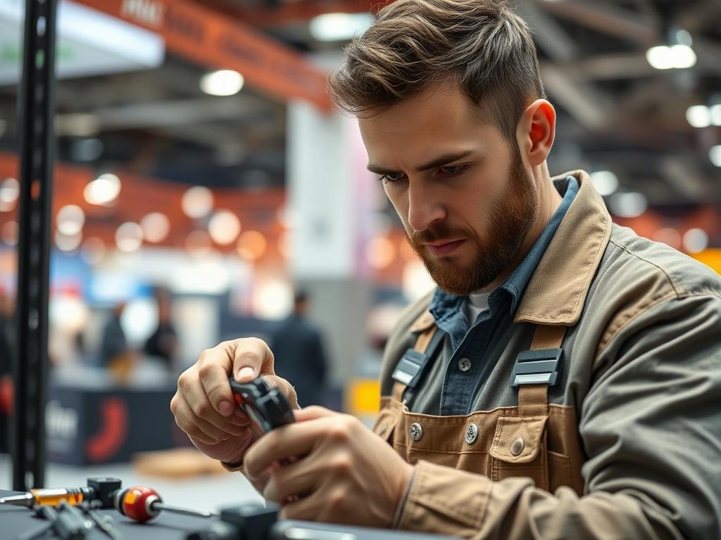 A close-up shot of a skilled craftsman assembling an exhibition stand, showcasing intricate details of the assembly process. The background should be a blurred exhibition hall with vibrant colors, emphasizing the professionalism of the worker. The craftsman should be using high-quality tools, with a focused expression, highlighting expertise and precision in the work.