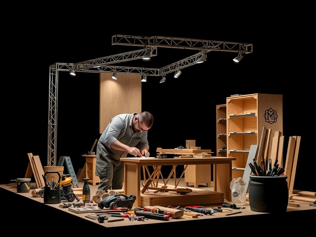 A skilled craftsman assembling an exhibition stand, focused on intricate details, surrounded by tools and materials. The background is a clean black, highlighting the craftsmanship and precision involved in the assembly process.