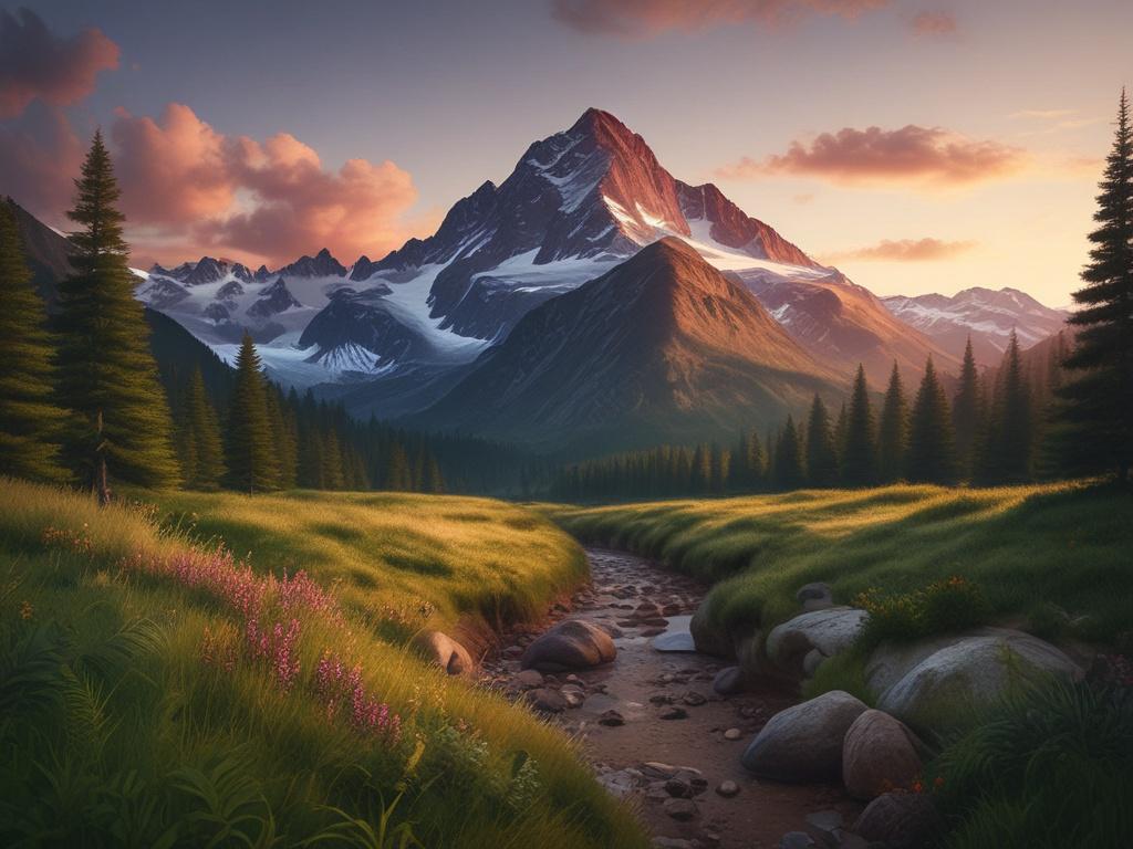 Create a photorealistic high resolution image of a serene mountain